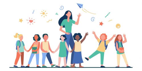 Young teacher with joyful kids isolated flat vector illustration. Cartoon happy children in kindergarten or school. Pedagogy and education concept